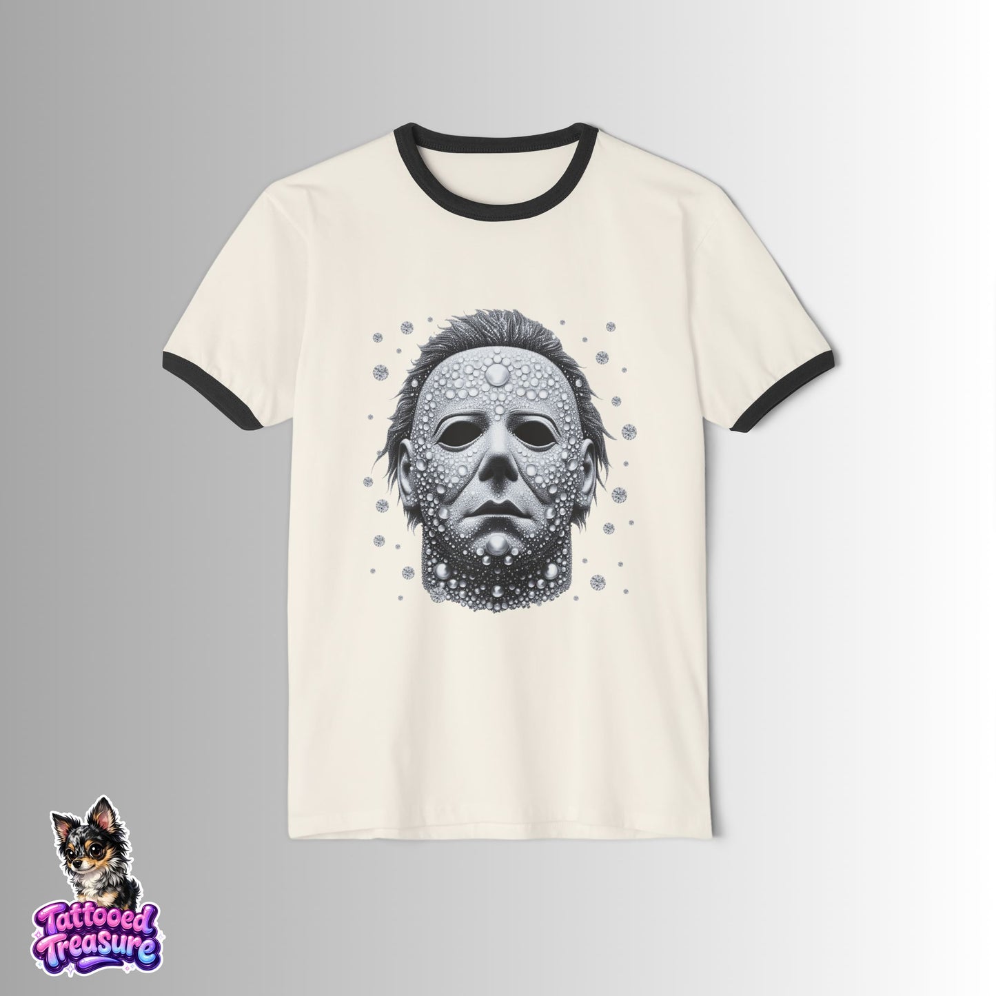 Halloween Horror Mask Ringer T-Shirt — Michael-Style Skull Mask Graphic