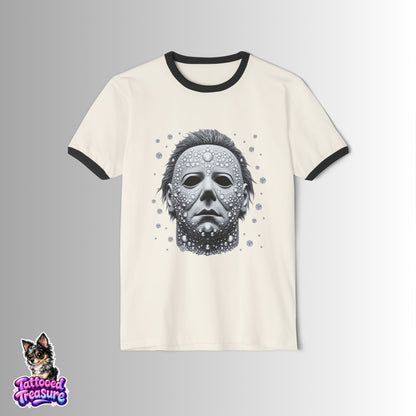 Halloween Horror Mask Ringer T-Shirt — Michael-Style Skull Mask Graphic