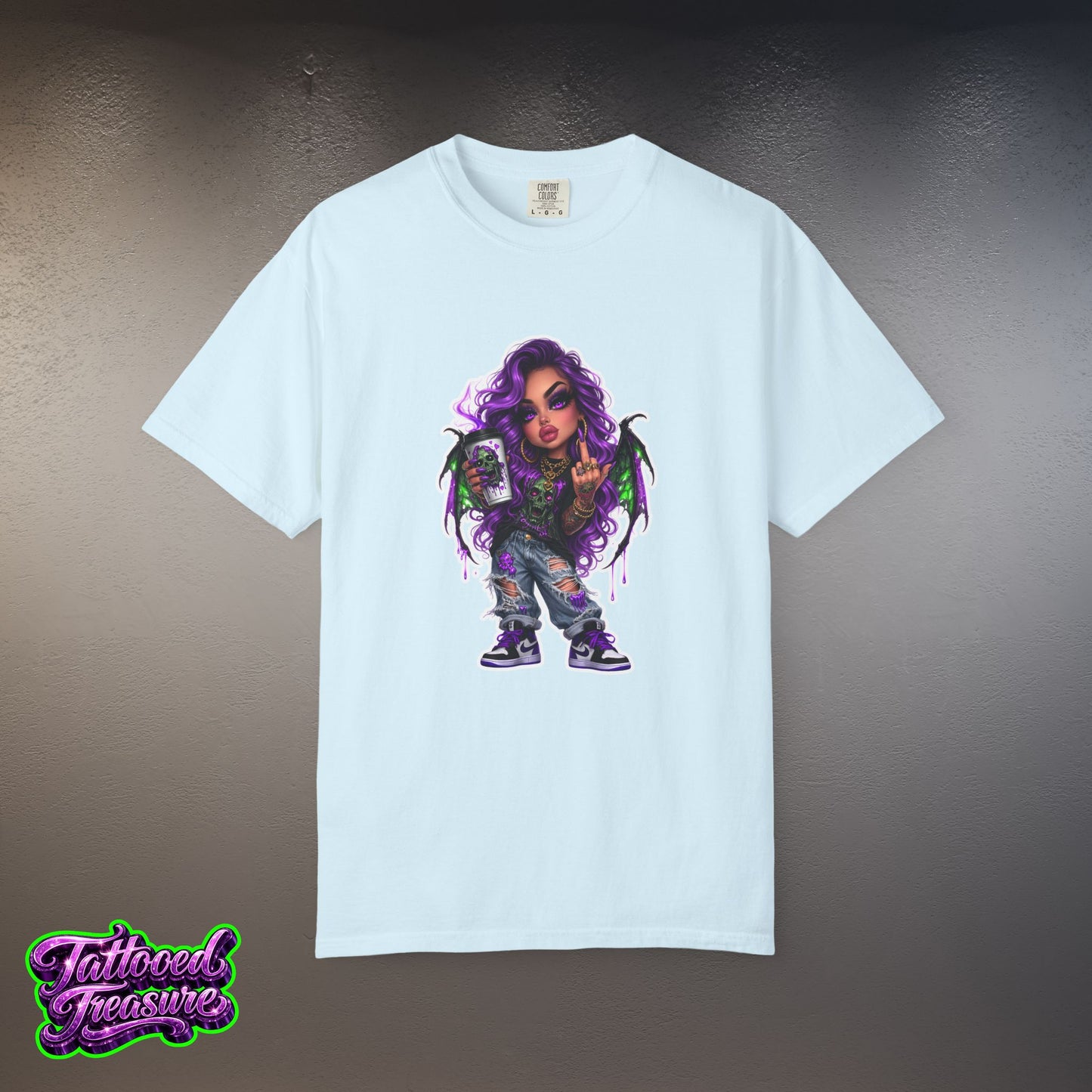 Demon Girl Streetwear T-Shirt — Purple Winged Tattooed Character Graphic