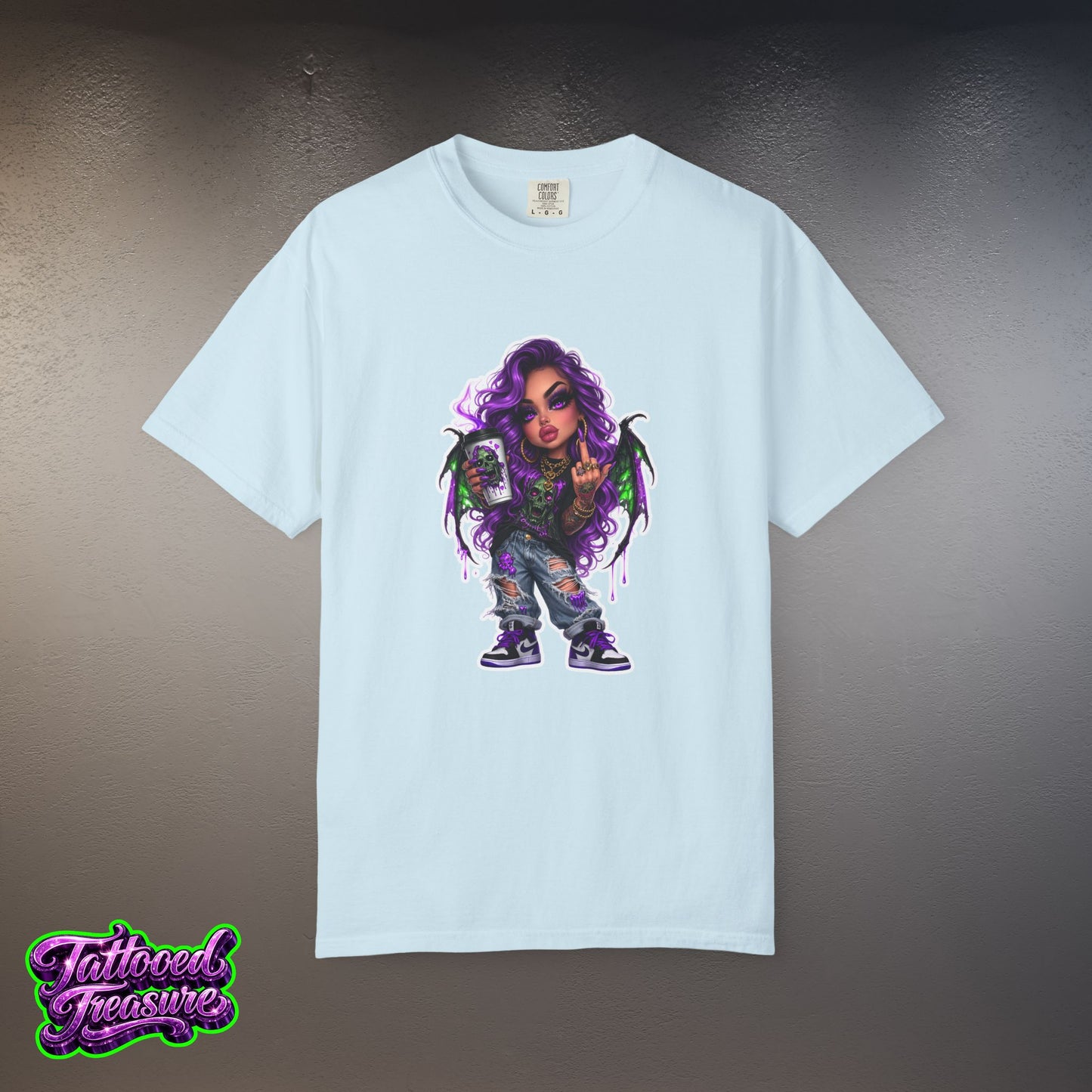 Demon Girl Streetwear T-Shirt — Purple Winged Tattooed Character Graphic