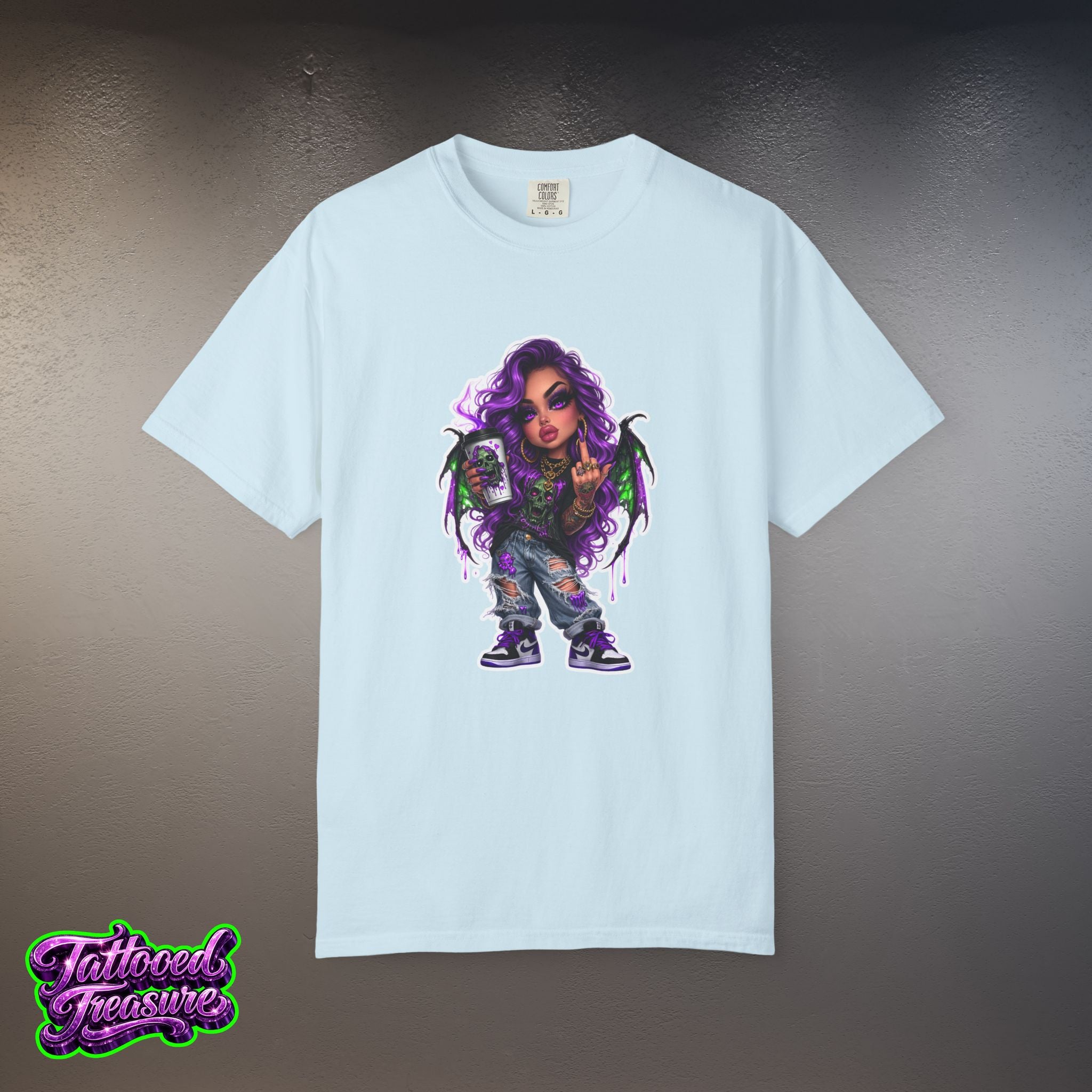 Demon Girl Streetwear T-Shirt — Purple Winged Tattooed Character Graphic