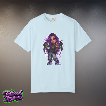 Demon Girl Streetwear T-Shirt — Purple Winged Tattooed Character Graphic