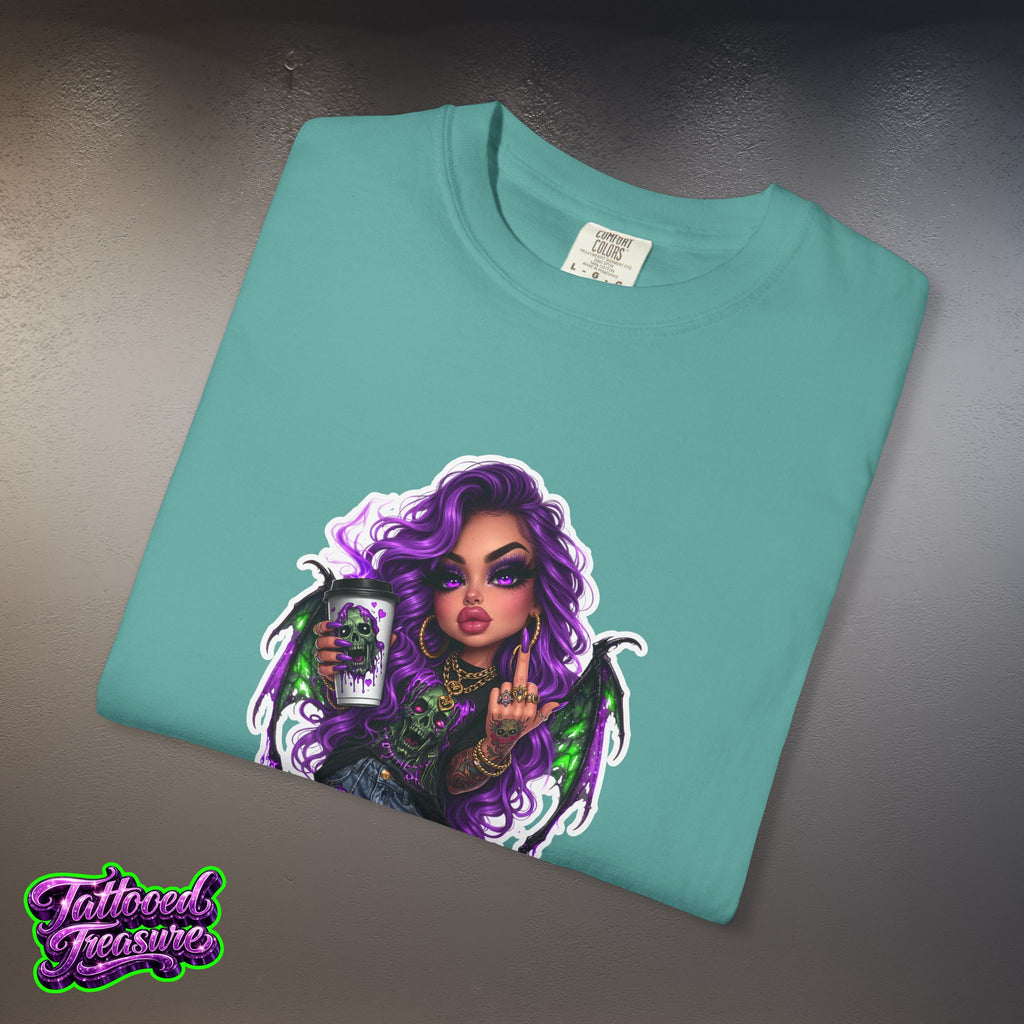 Demon Girl Streetwear T-Shirt — Purple Winged Tattooed Character Graphic