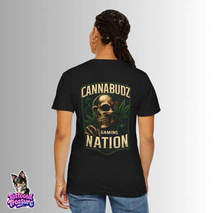 Cannabudz Nation T-Shirt Back— Skull & Cannabis Gaming Tee