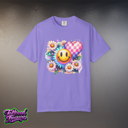 Happy Heart Smiley T-Shirt — Floral Checkerboard Graphic Tee