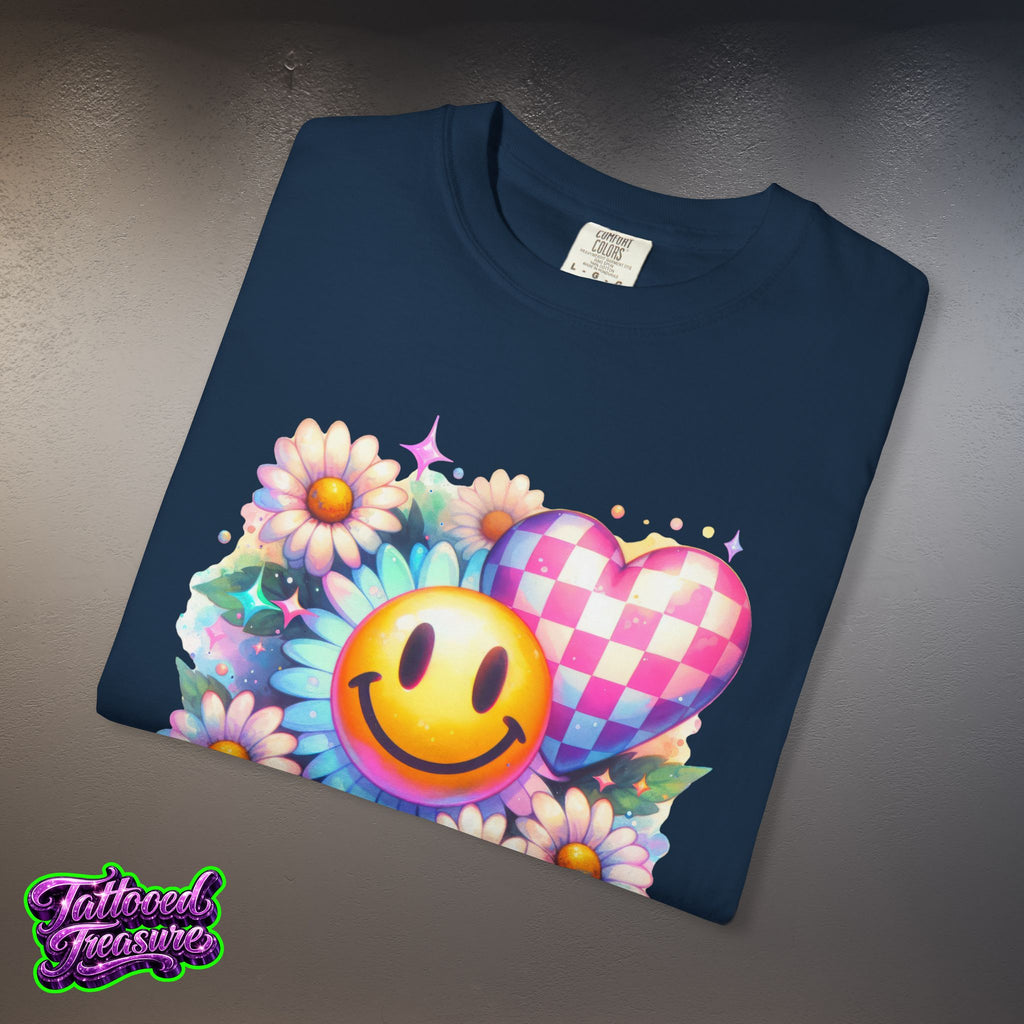 Happy Heart Smiley T-Shirt — Floral Checkerboard Graphic Tee