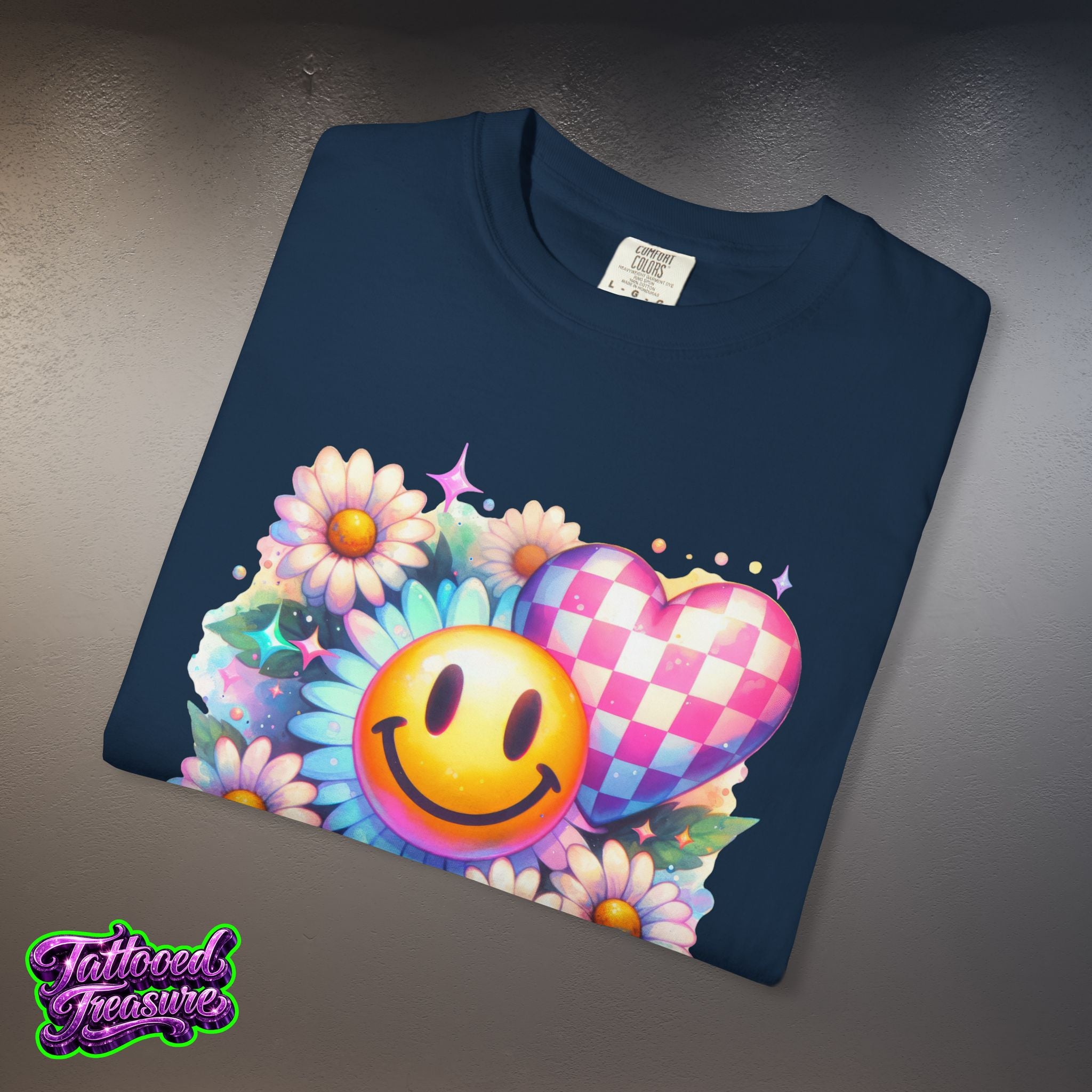 Happy Heart Smiley T-Shirt — Floral Checkerboard Graphic Tee