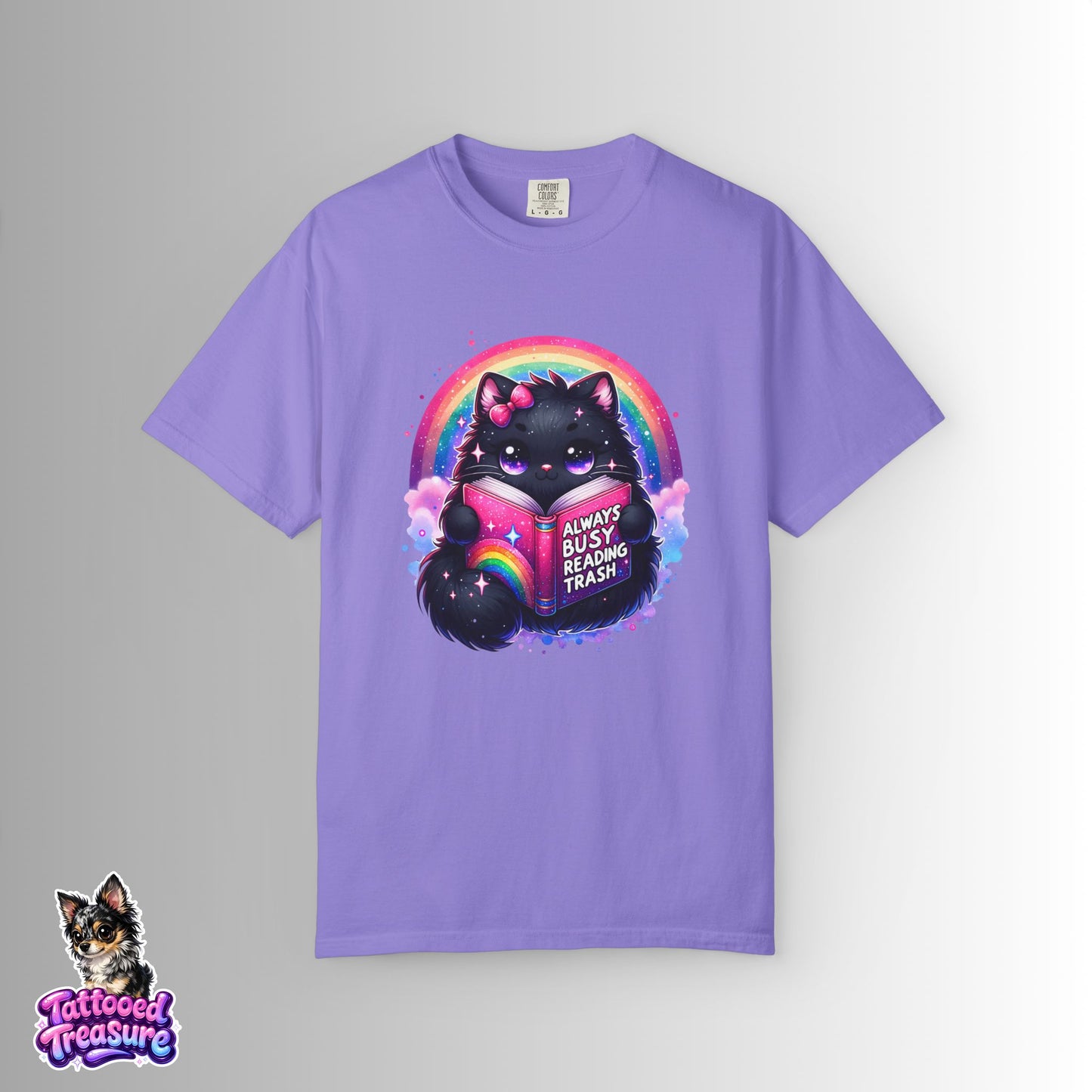 Cat Reading T-Shirt — "Always Busy Reading Trash" Cute Black Cat Rainbow Tee