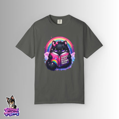 Cat Reading T-Shirt — "Always Busy Reading Trash" Cute Black Cat Rainbow Tee