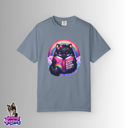 Cat Reading T-Shirt — "Always Busy Reading Trash" Cute Black Cat Rainbow Tee