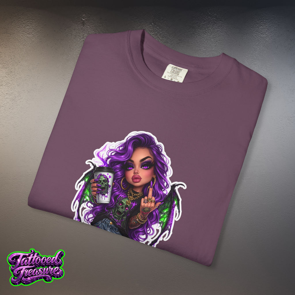 Demon Girl Streetwear T-Shirt — Purple Winged Tattooed Character Graphic