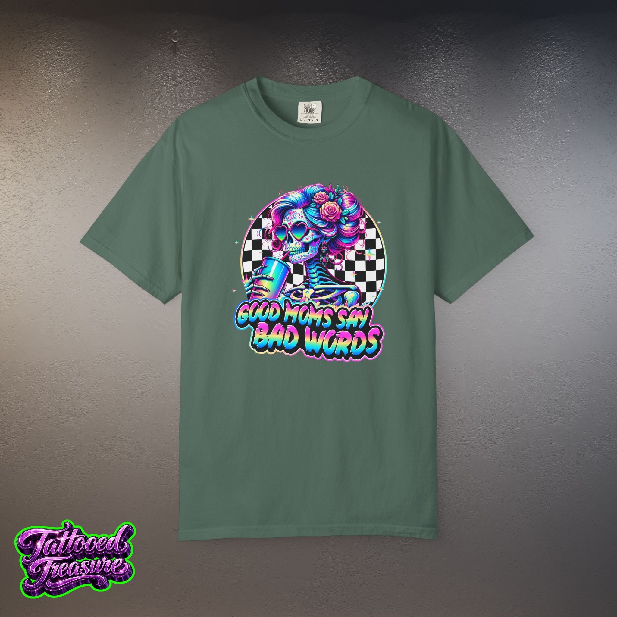 Bad Words Skull Tee — “Good Moms Say Bad Words” Retro Checkerboard T-Shirt