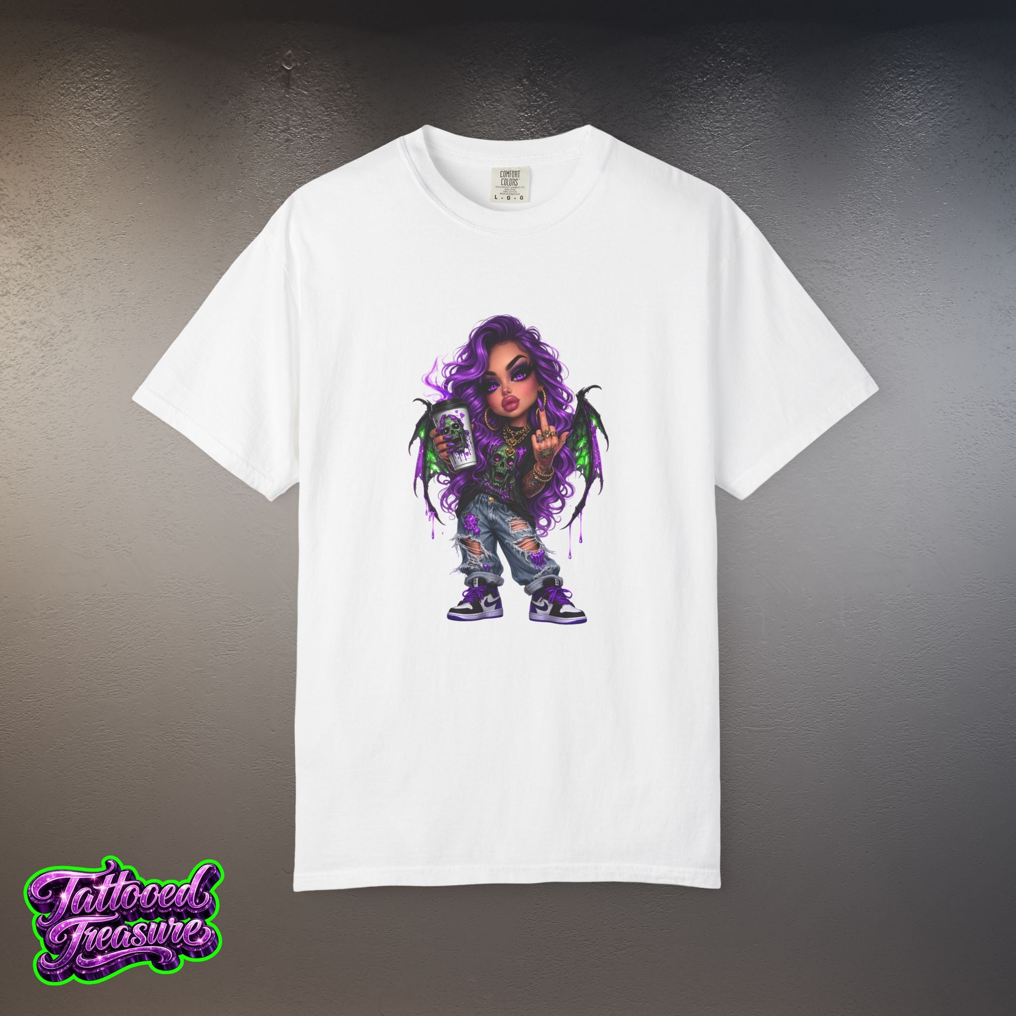 Demon Girl Streetwear T-Shirt — Purple Winged Tattooed Character Graphic