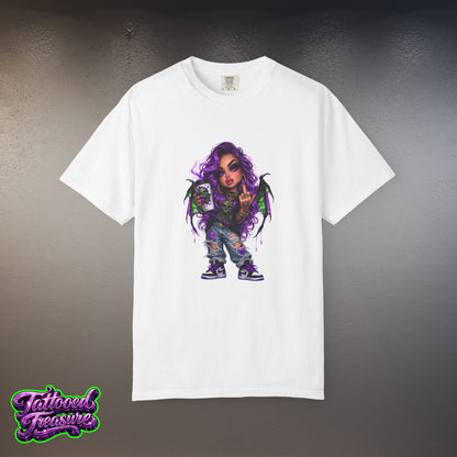 Demon Girl Streetwear T-Shirt — Purple Winged Tattooed Character Graphic