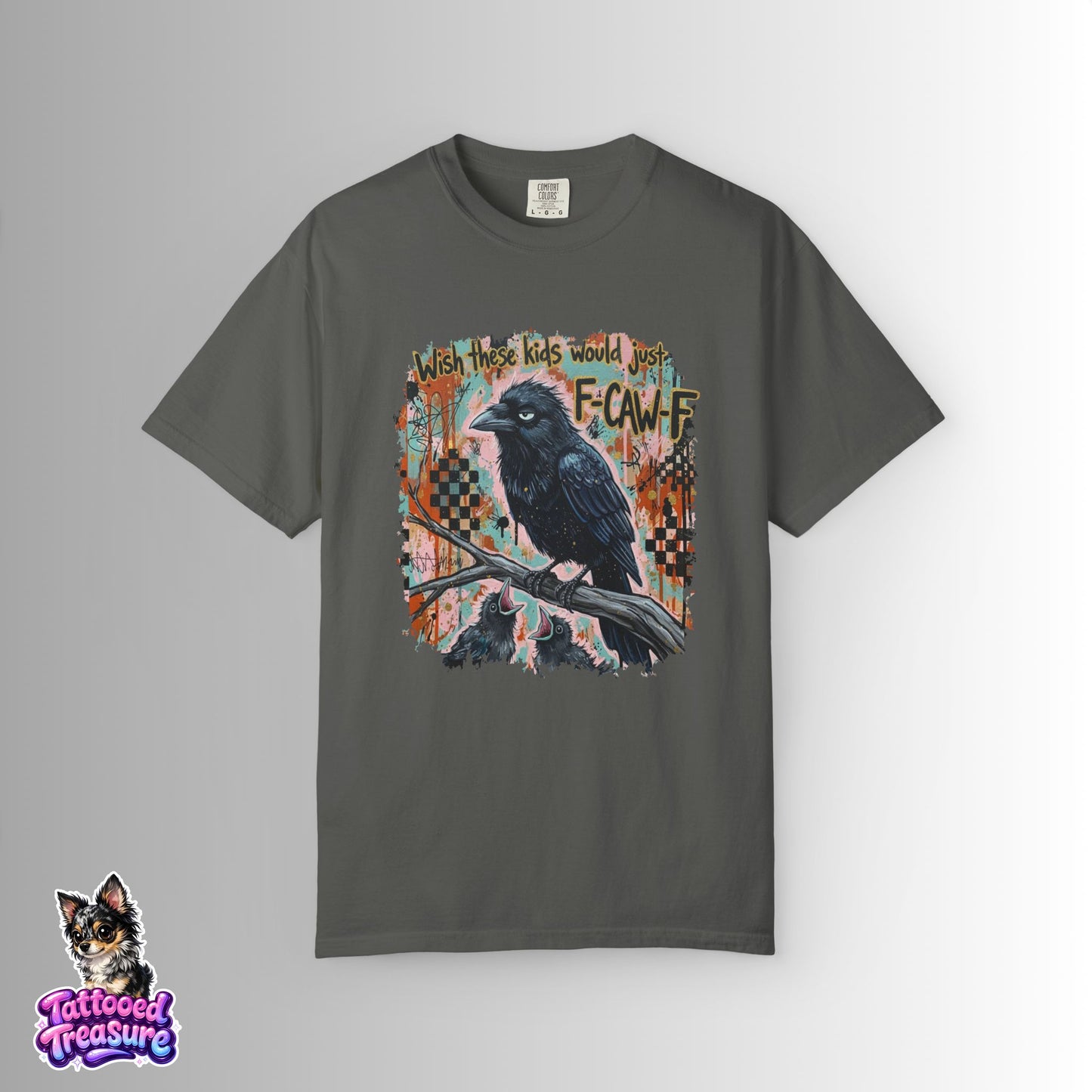Raven Graphic T-Shirt — 'F-Cawf' Grunge Crow Tee