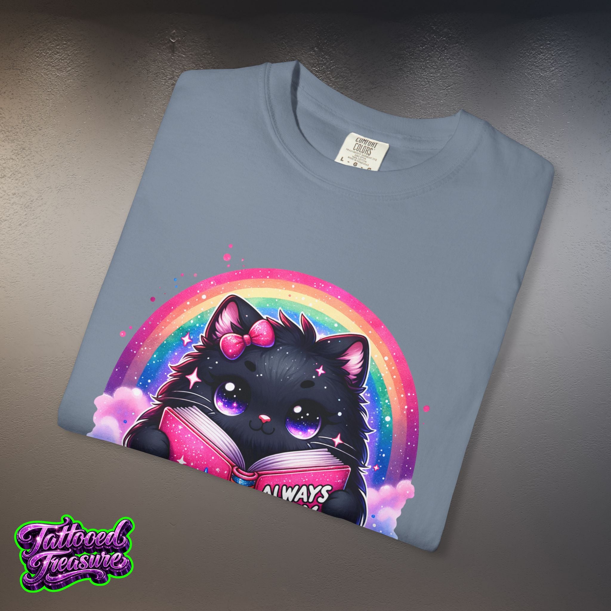 Cat Reading T-Shirt — "Always Busy Reading Trash" Cute Black Cat Rainbow Tee