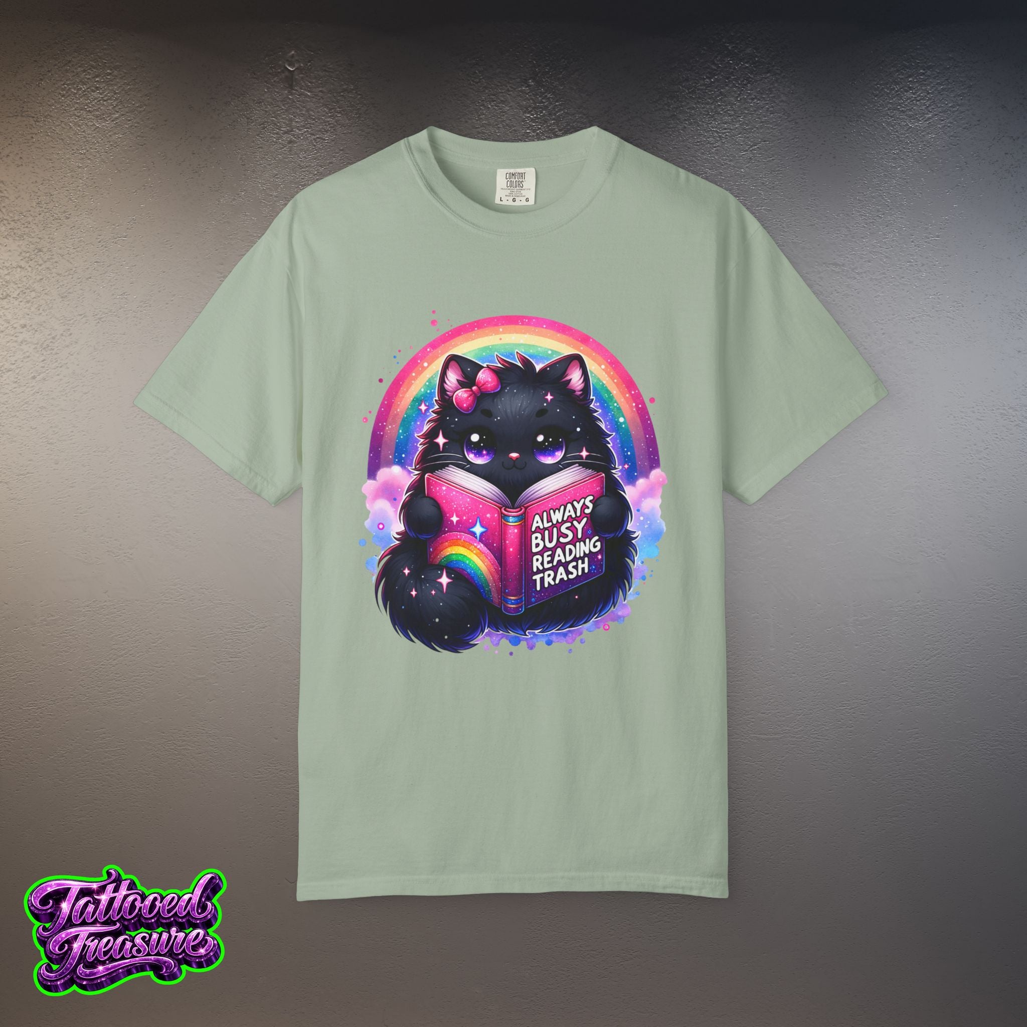 Cat Reading T-Shirt — "Always Busy Reading Trash" Cute Black Cat Rainbow Tee