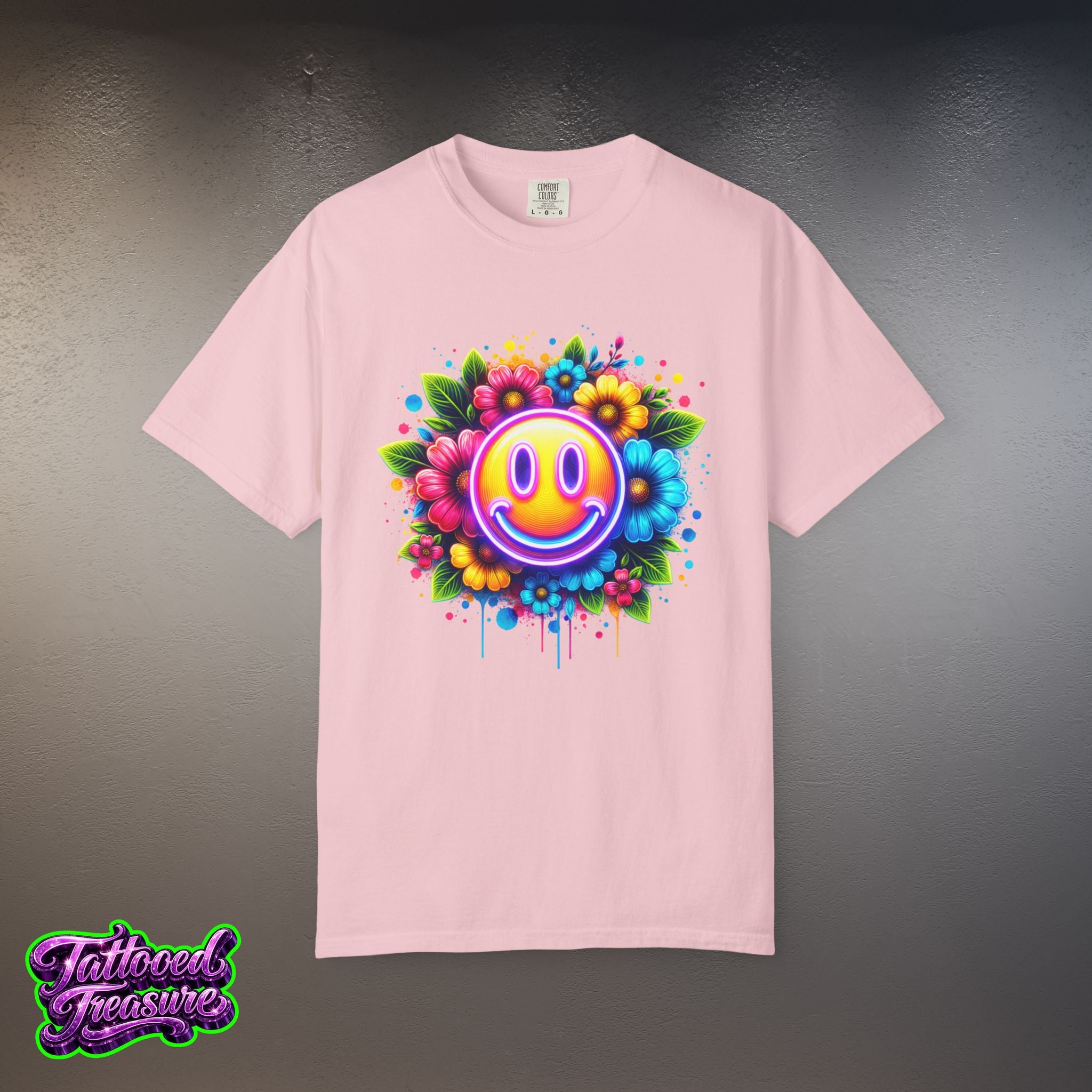 Smiley Flower T-Shirt — Colorful Neon Floral Smile Graphic Tee