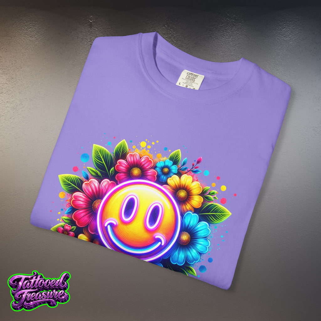Smiley Flower T-Shirt — Colorful Neon Floral Smile Graphic Tee