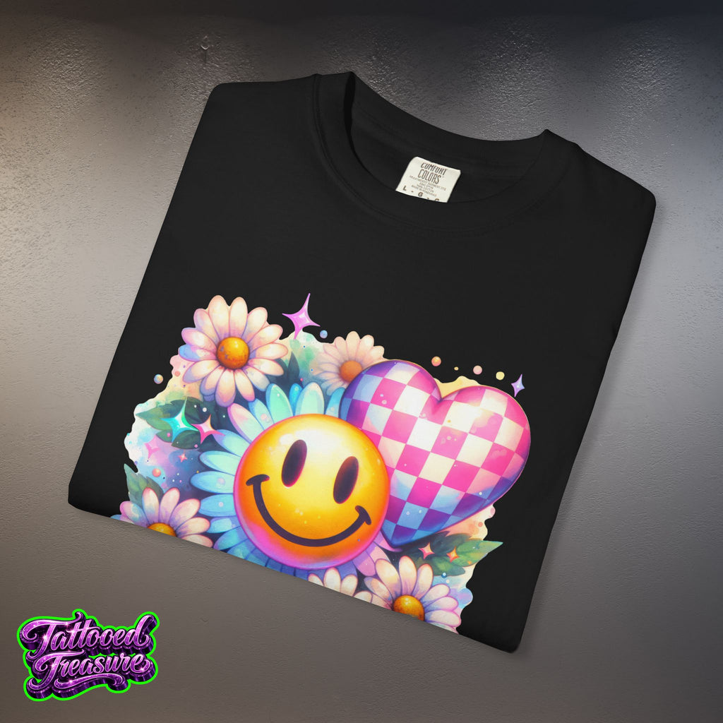 Happy Heart Smiley T-Shirt — Floral Checkerboard Graphic Tee
