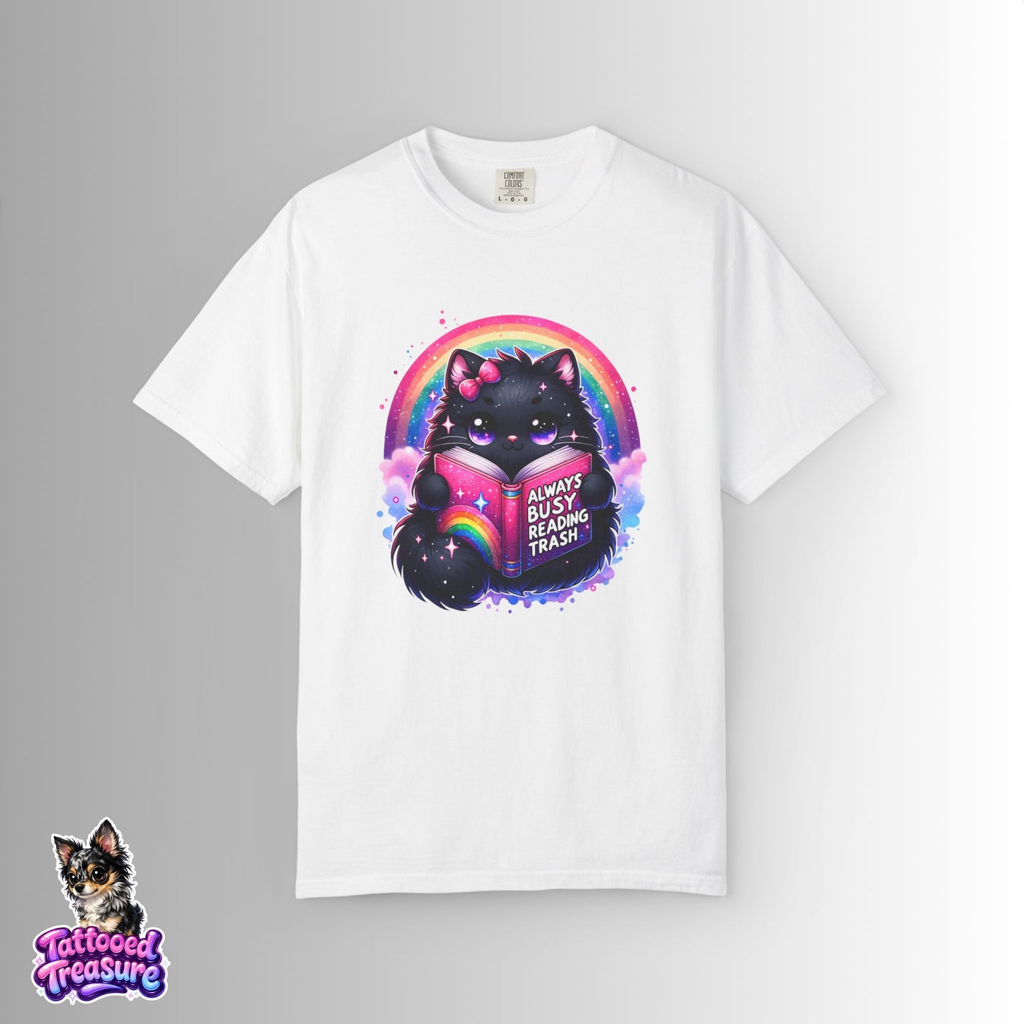 Cat Reading T-Shirt — "Always Busy Reading Trash" Cute Black Cat Rainbow Tee