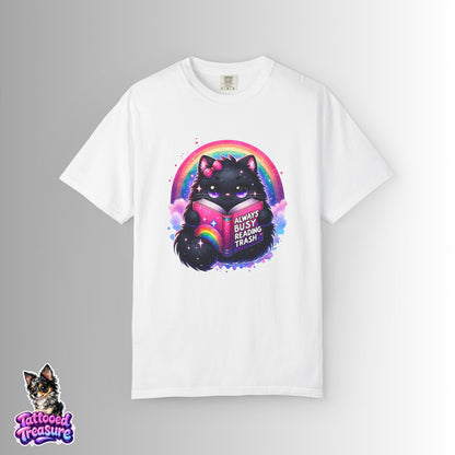 Cat Reading T-Shirt — "Always Busy Reading Trash" Cute Black Cat Rainbow Tee