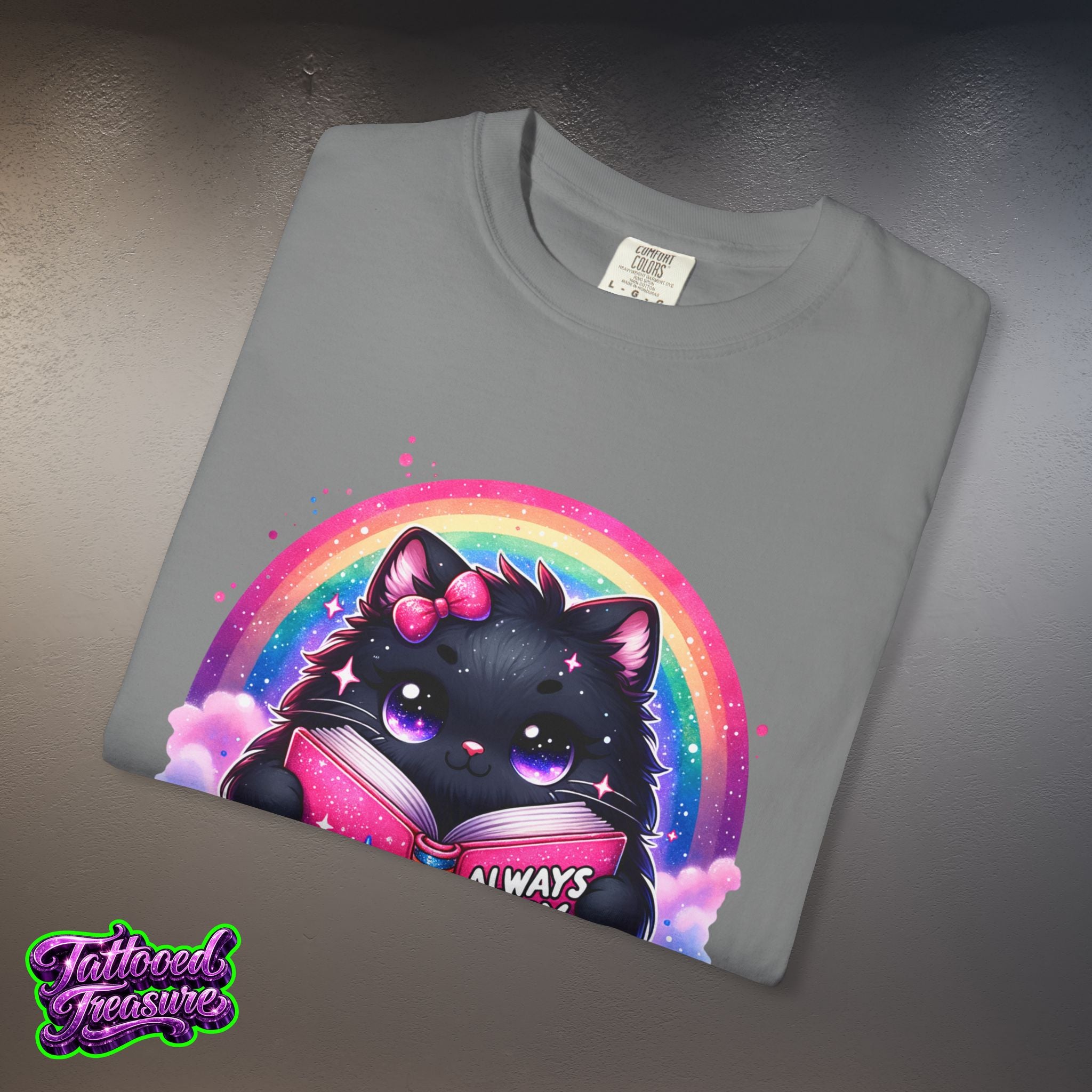 Cat Reading T-Shirt — "Always Busy Reading Trash" Cute Black Cat Rainbow Tee