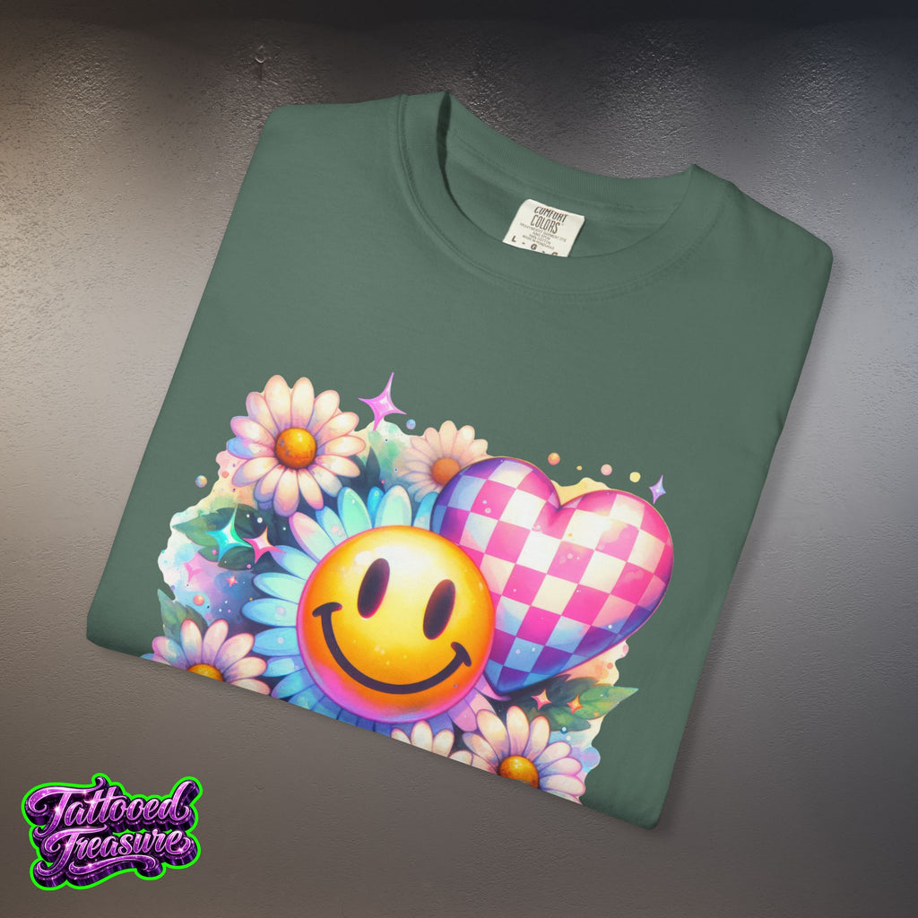Happy Heart Smiley T-Shirt — Floral Checkerboard Graphic Tee