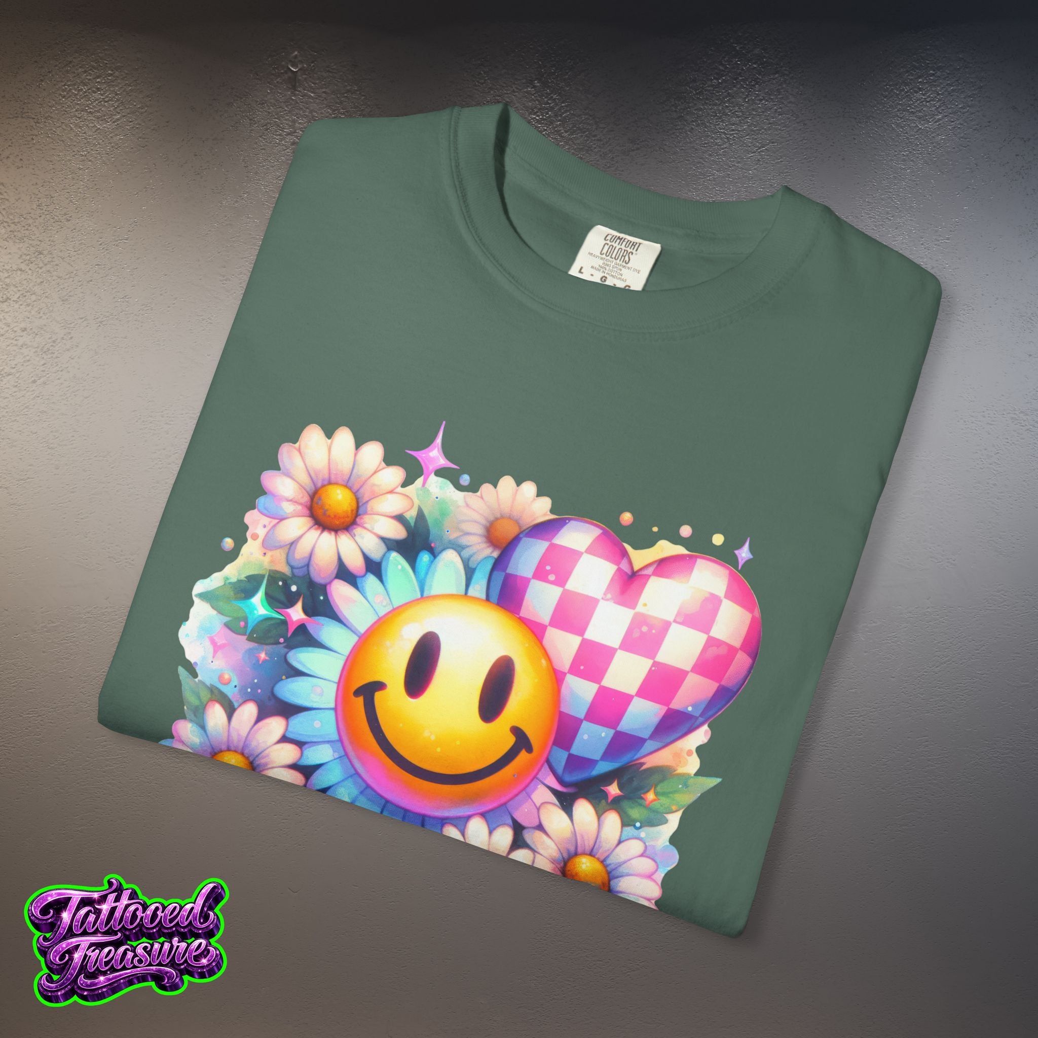 Happy Heart Smiley T-Shirt — Floral Checkerboard Graphic Tee