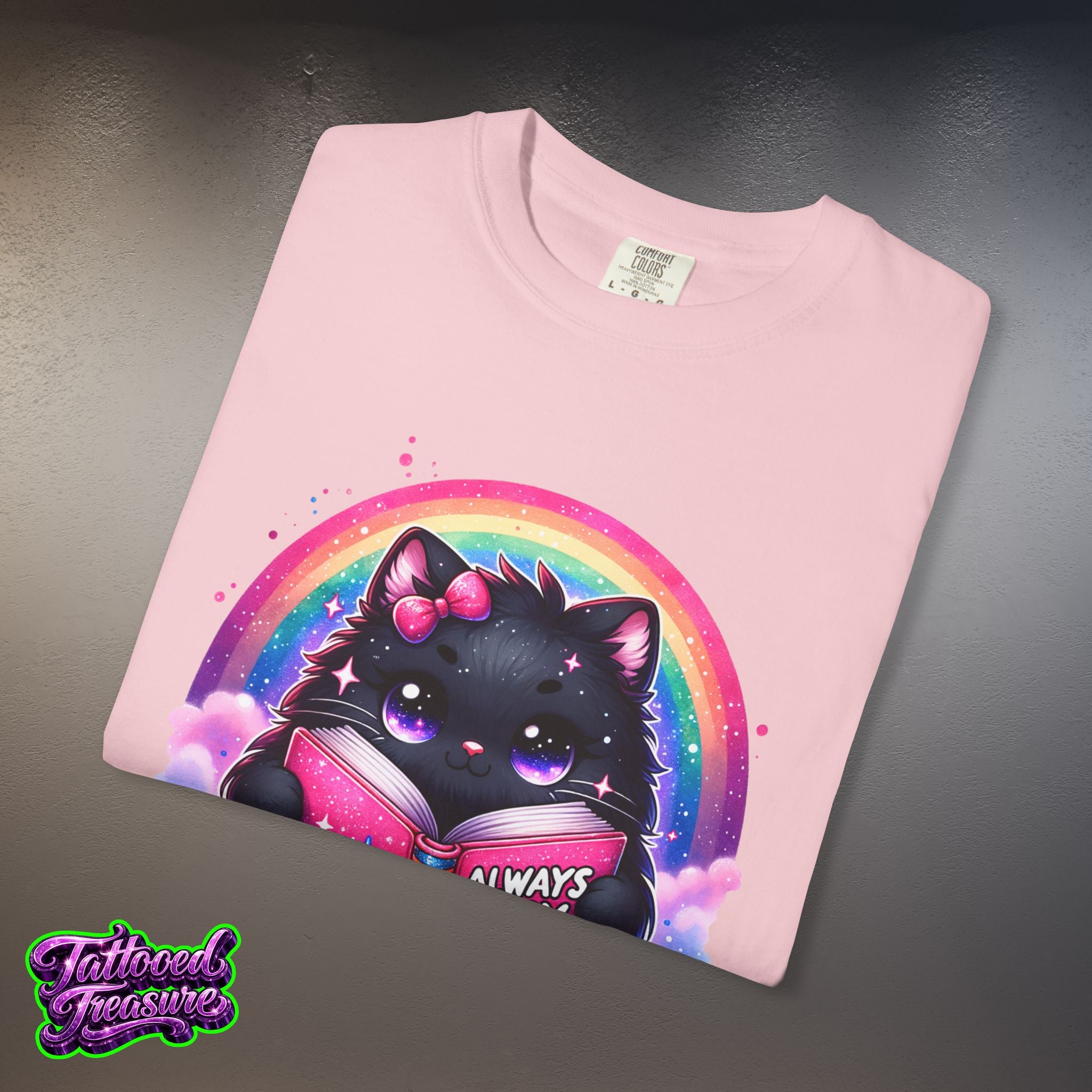 Cat Reading T-Shirt — "Always Busy Reading Trash" Cute Black Cat Rainbow Tee