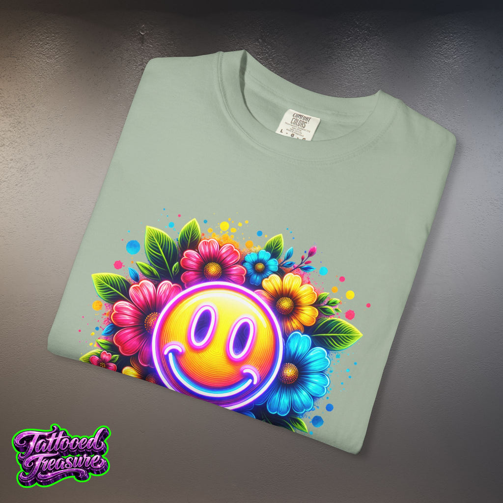 Smiley Flower T-Shirt — Colorful Neon Floral Smile Graphic Tee