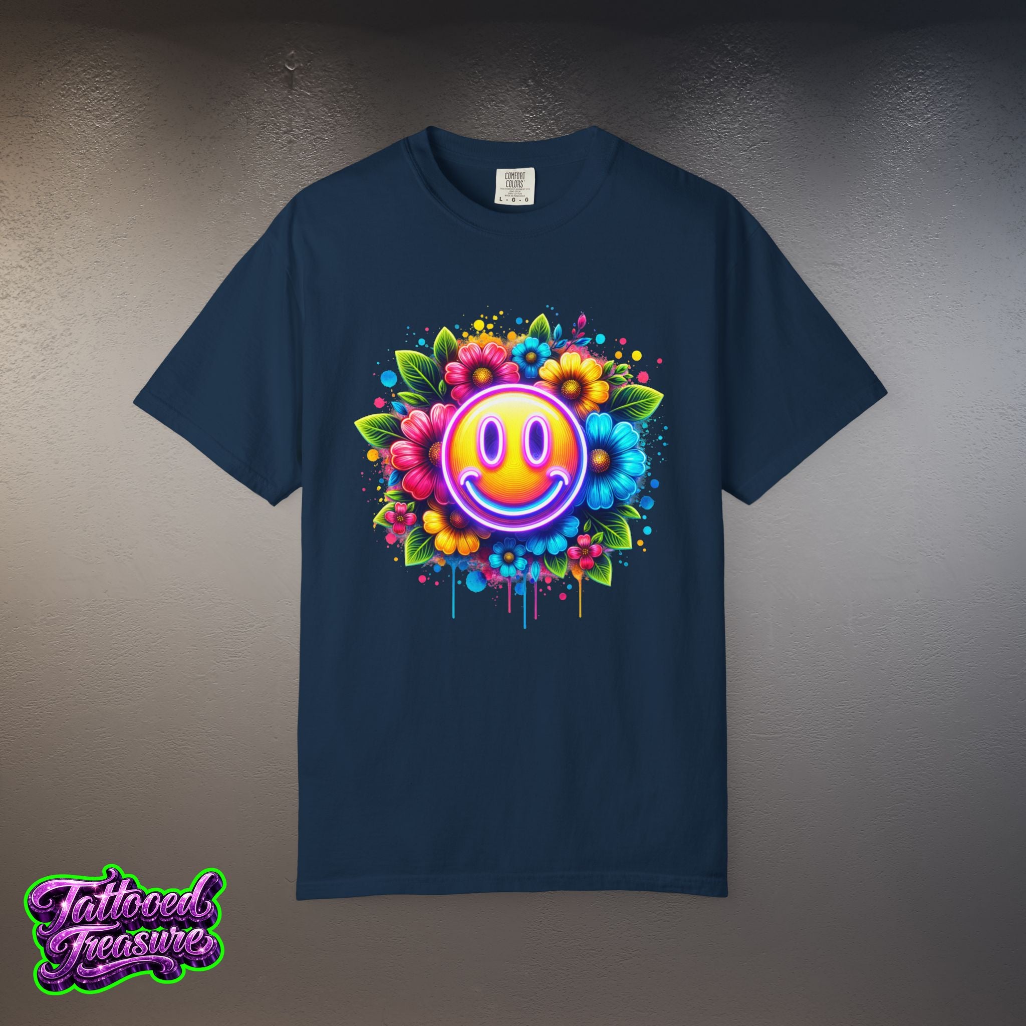 Smiley Flower T-Shirt — Colorful Neon Floral Smile Graphic Tee