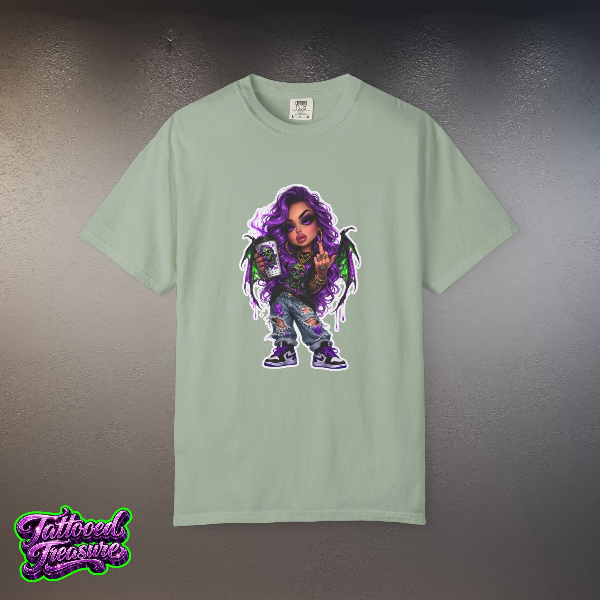 Demon Girl Streetwear T-Shirt — Purple Winged Tattooed Character Graphic