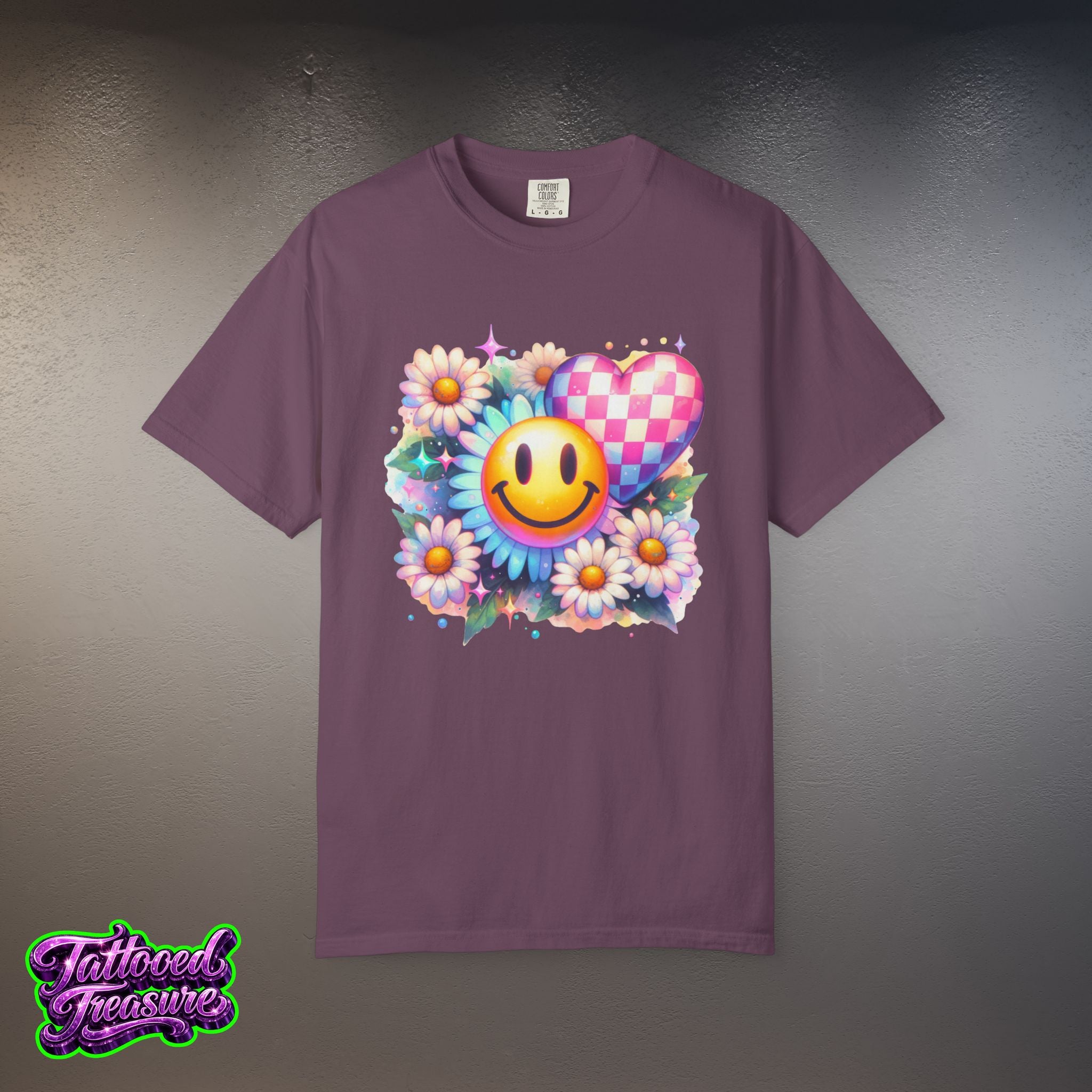 Happy Heart Smiley T-Shirt — Floral Checkerboard Graphic Tee