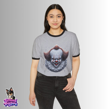 Horror Clown Graphic Ringer T-Shirt — Creepy Pennywise-Inspired Face