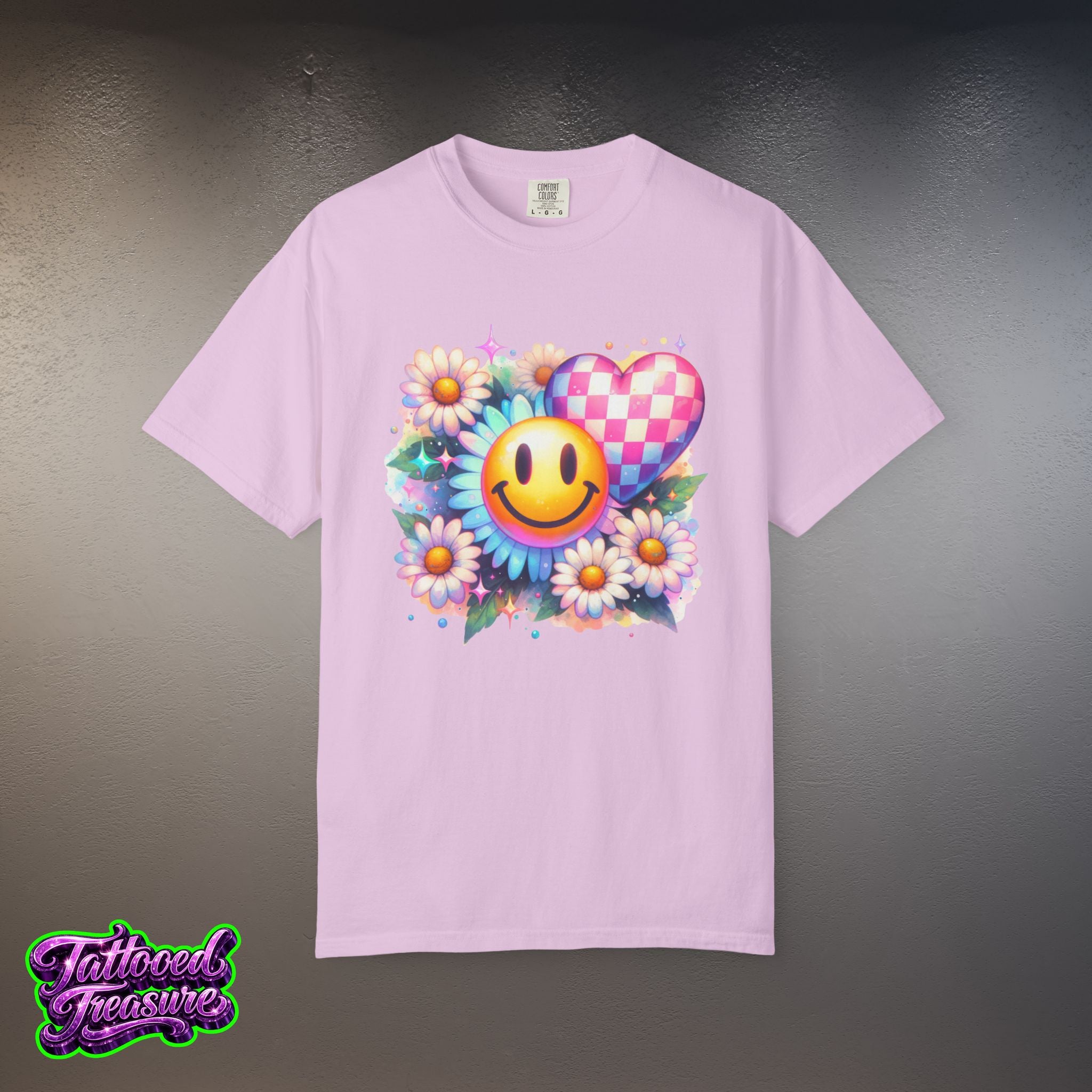 Happy Heart Smiley T-Shirt — Floral Checkerboard Graphic Tee