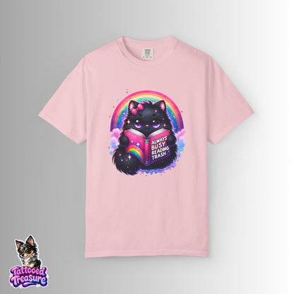 Cat Reading T-Shirt — "Always Busy Reading Trash" Cute Black Cat Rainbow Tee