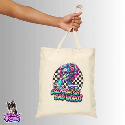 Tote Bag - "Good Moms Say Bad Words" Neon Skull Checkerboard Cotton Canvas Tote