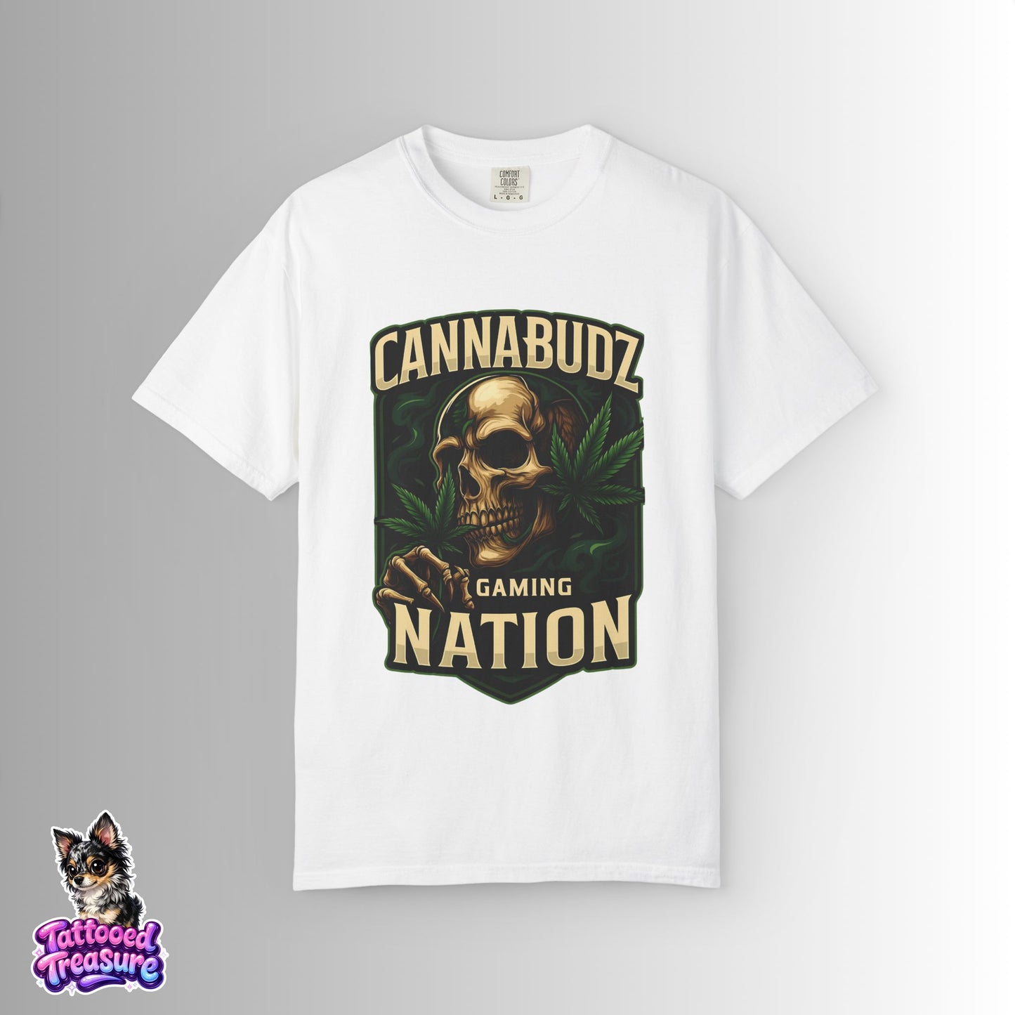 Cannabudz Gaming Nation T-Shirt Front — Skull & Cannabis Gamer Tee