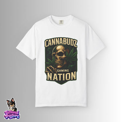Cannabudz Gaming Nation T-Shirt Front — Skull & Cannabis Gamer Tee
