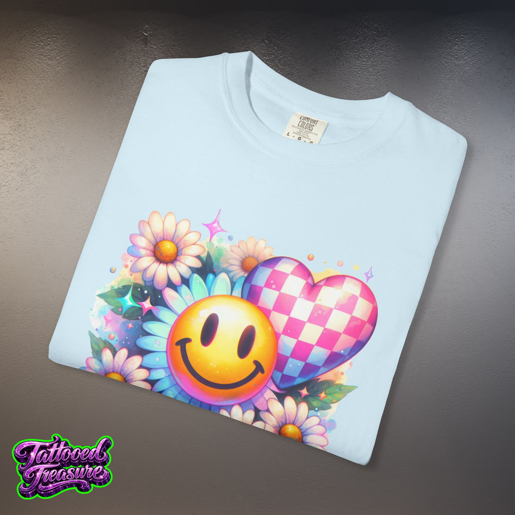 Happy Heart Smiley T-Shirt — Floral Checkerboard Graphic Tee