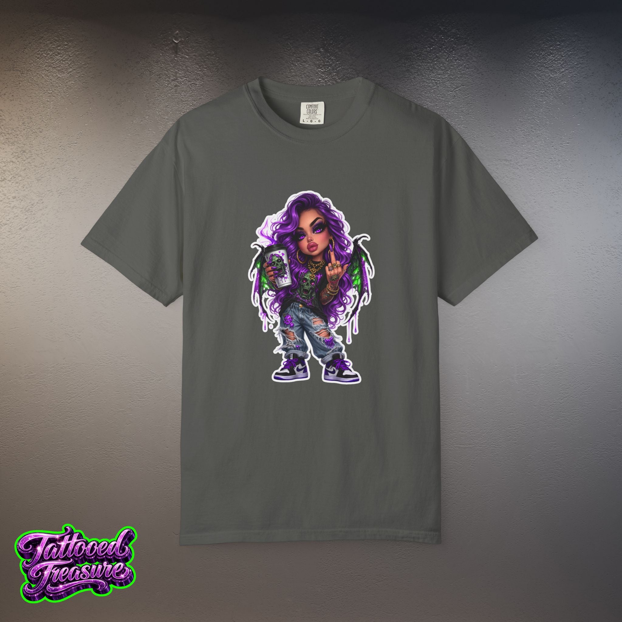 Demon Girl Streetwear T-Shirt — Purple Winged Tattooed Character Graphic