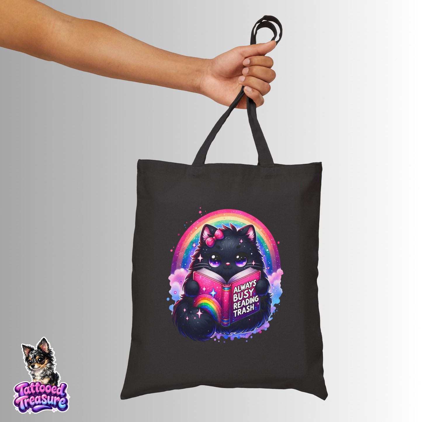 Black Cat Rainbow Tote Bag — "Always Busy Reading Trash" Canvas Tote