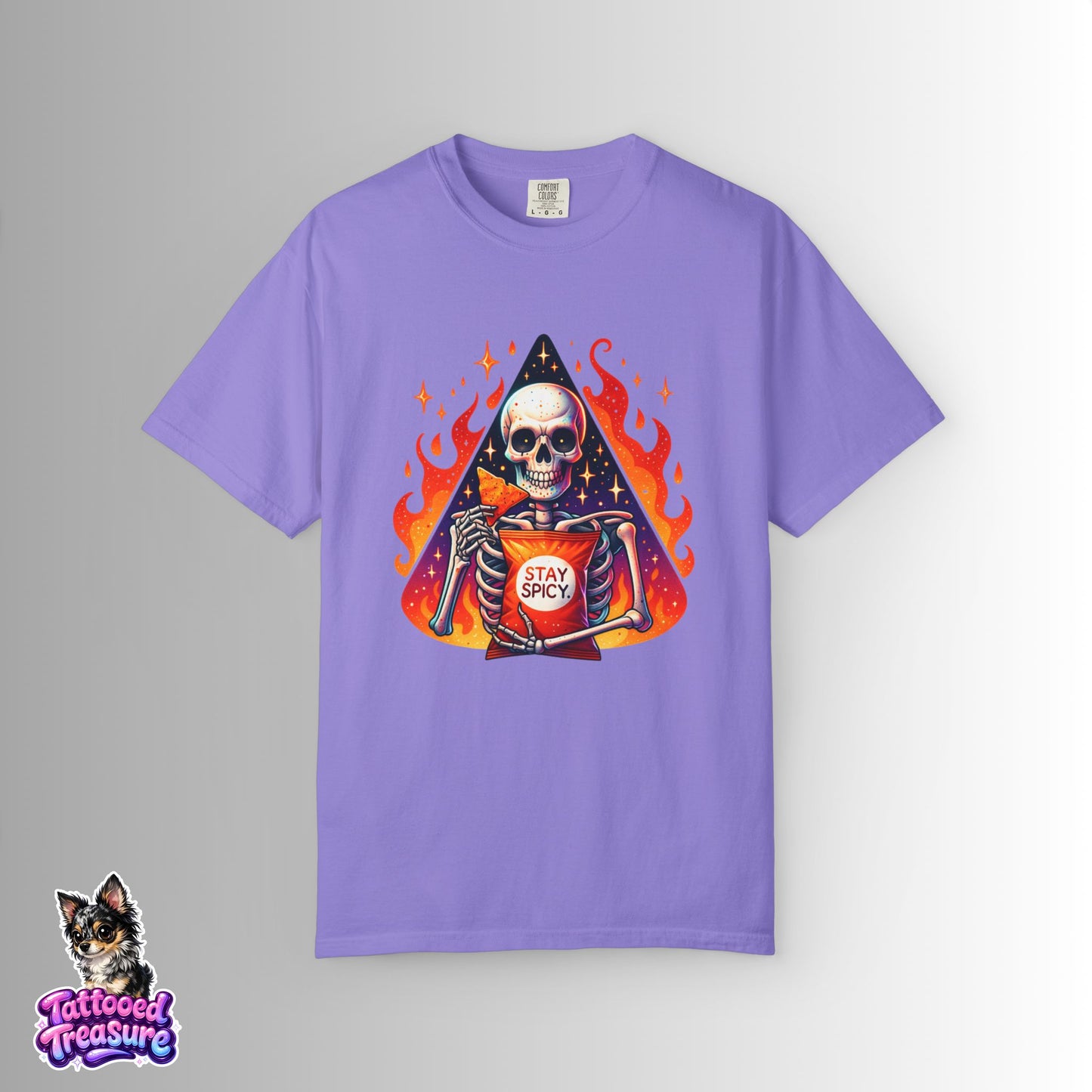 Stay Spicy Skull T-Shirt — Skeleton Holding Hot Sauce Graphic Tee