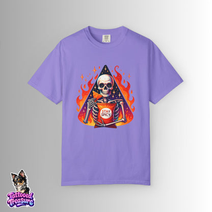Stay Spicy Skull T-Shirt — Skeleton Holding Hot Sauce Graphic Tee