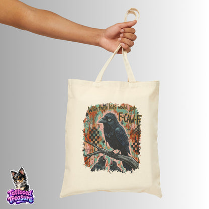 Crow Raven Canvas Tote Bag — "F-CAWFF" Vintage Tattoo Style Eco Shopper
