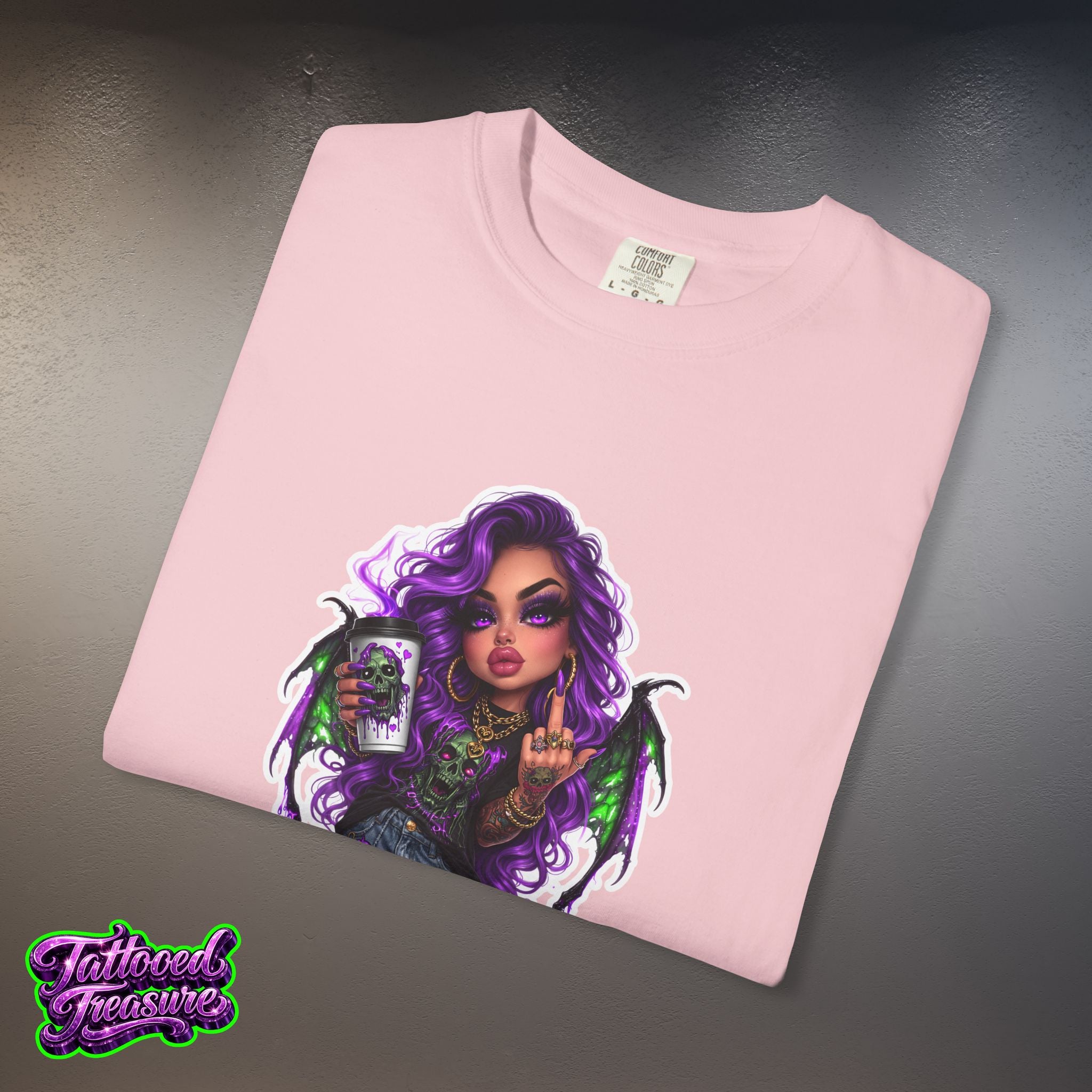 Demon Girl Streetwear T-Shirt — Purple Winged Tattooed Character Graphic