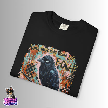 Raven Graphic T-Shirt — 'F-Cawf' Grunge Crow Tee