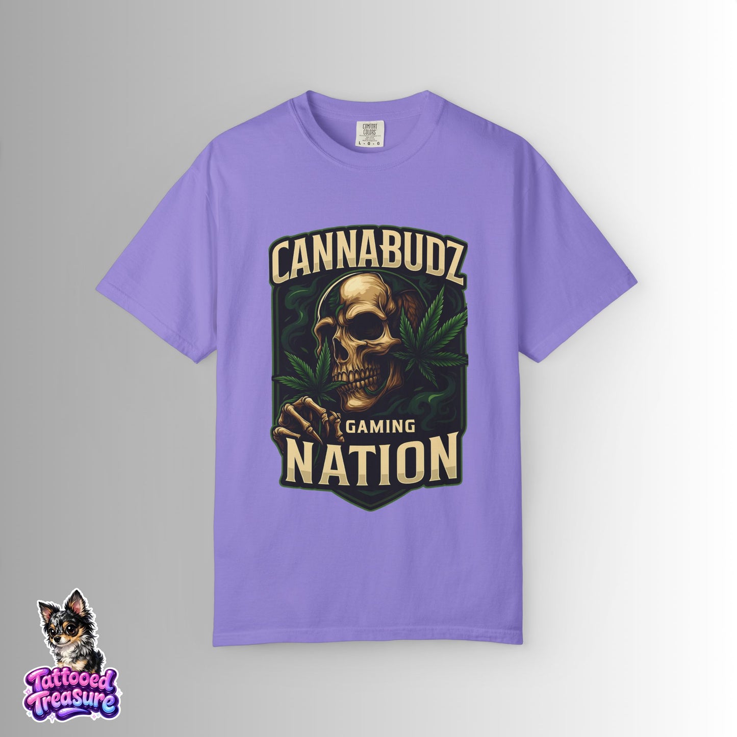 Cannabudz Gaming Nation T-Shirt Front — Skull & Cannabis Gamer Tee