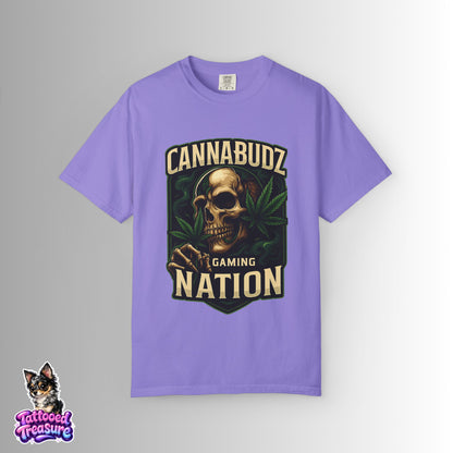 Cannabudz Gaming Nation T-Shirt Front — Skull & Cannabis Gamer Tee